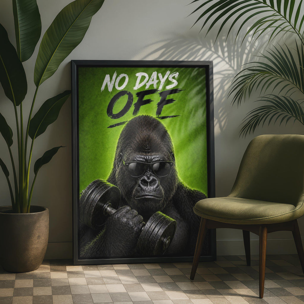 No Days Off Gorilla Gym Poster, Motivational Fitness Wall Art, Green Dumbbell Quote