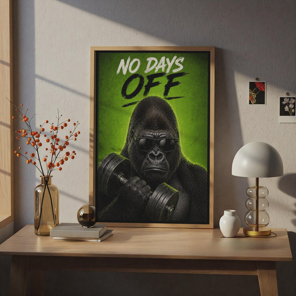 No Days Off Gorilla Gym Poster, Motivational Fitness Wall Art, Green Dumbbell Quote