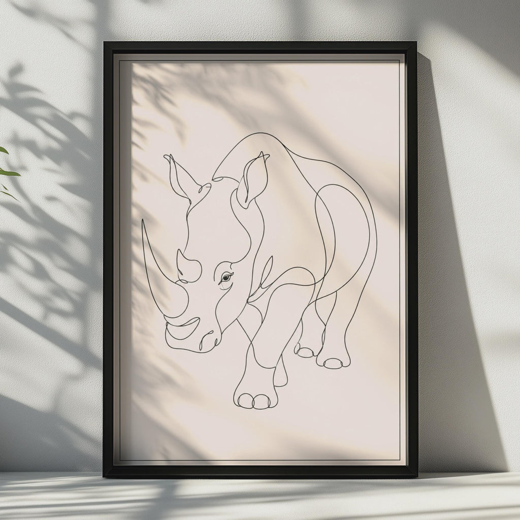 Rhino Line Art Poster, Minimalist Rhinoceros Wall Art, Neutral Beige Animal Print, Modern Safari