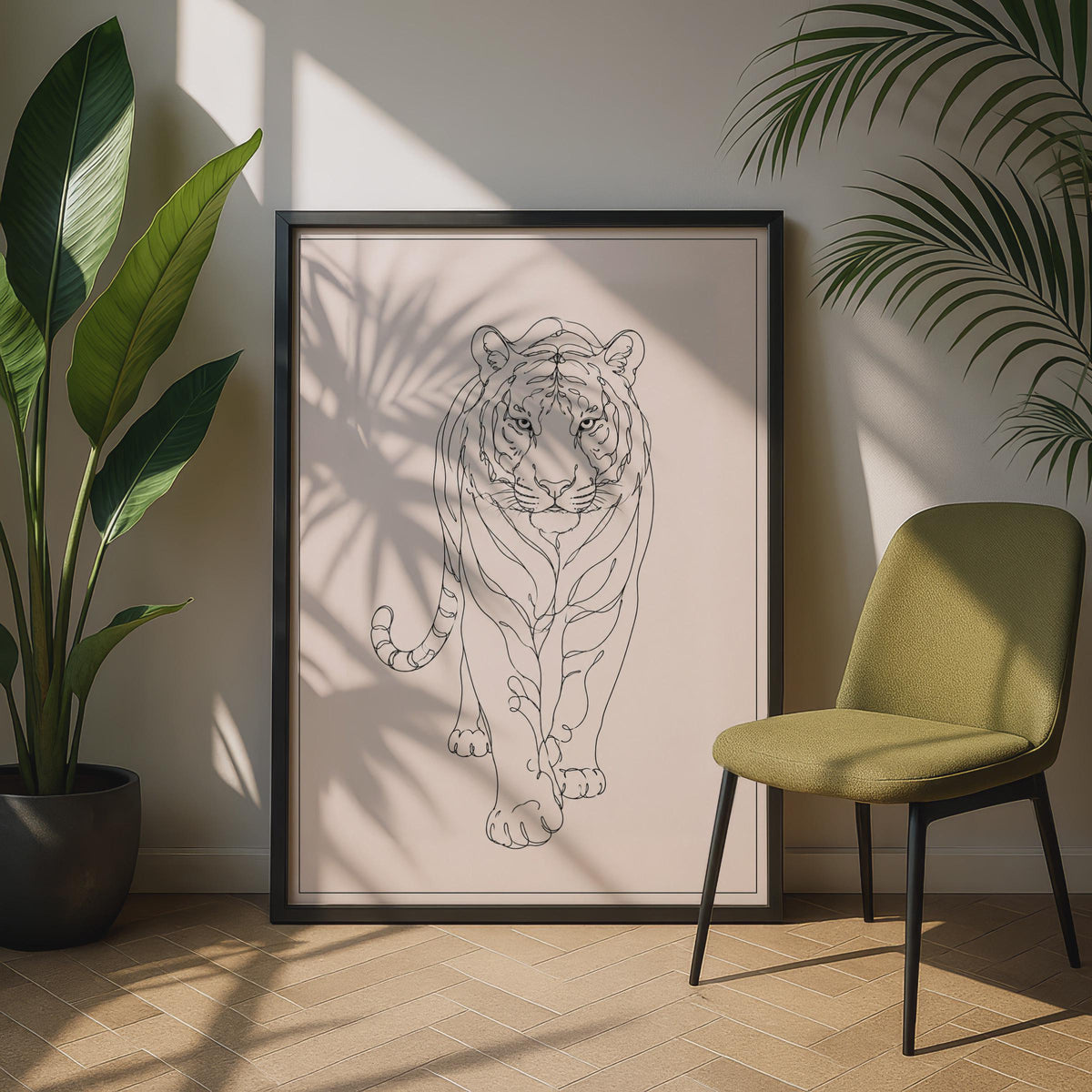 Tiger Line Art Poster, Minimalist Wild Cat Wall Art, Blush Pink Animal Print