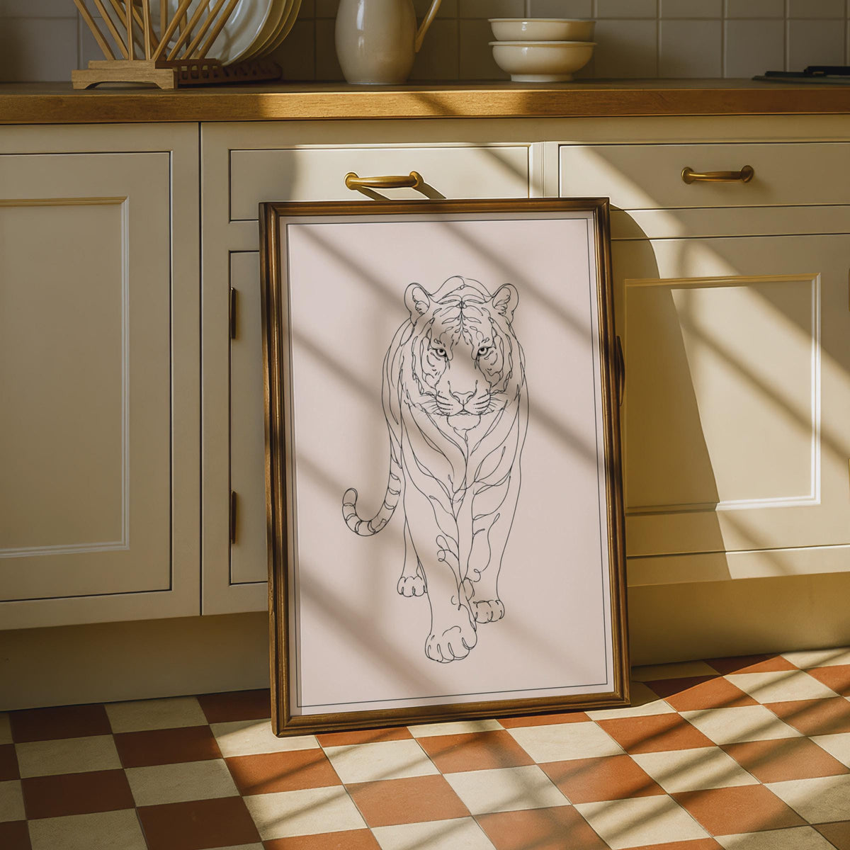 Tiger Line Art Poster, Minimalist Wild Cat Wall Art, Blush Pink Animal Print