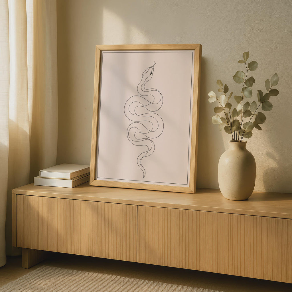 Snake Line Art Poster, Minimalist Animal Wall Art, Blush Pink Boho Decor, Serpent Print