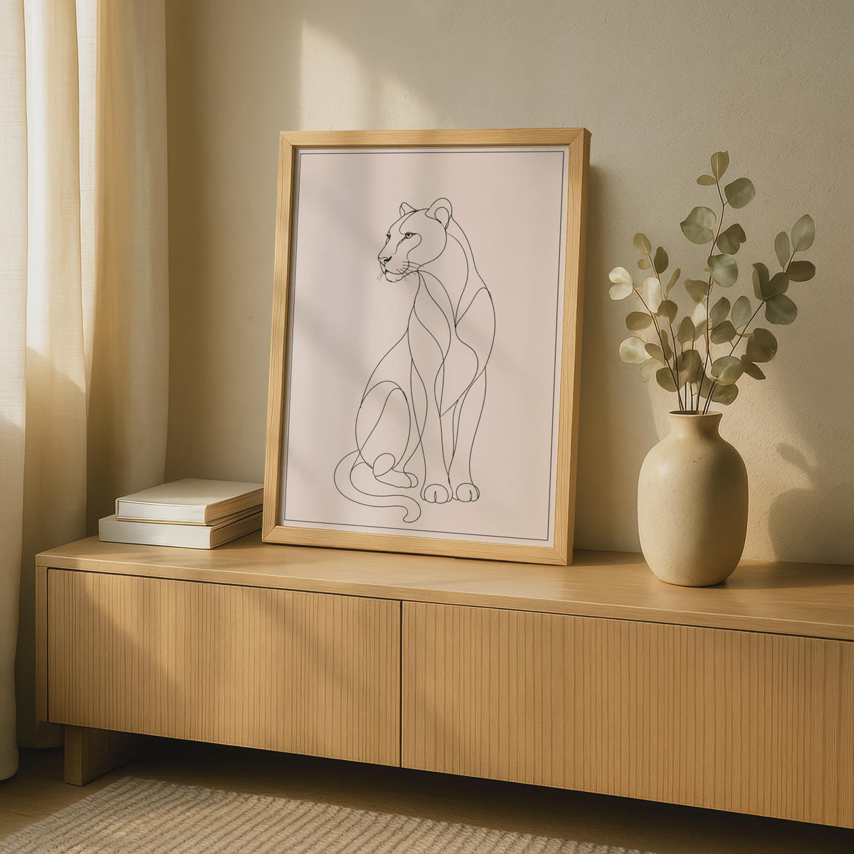 Lioness Line Art Poster, Minimalist Big Cat Wall Art, Blush Pink Animal Print