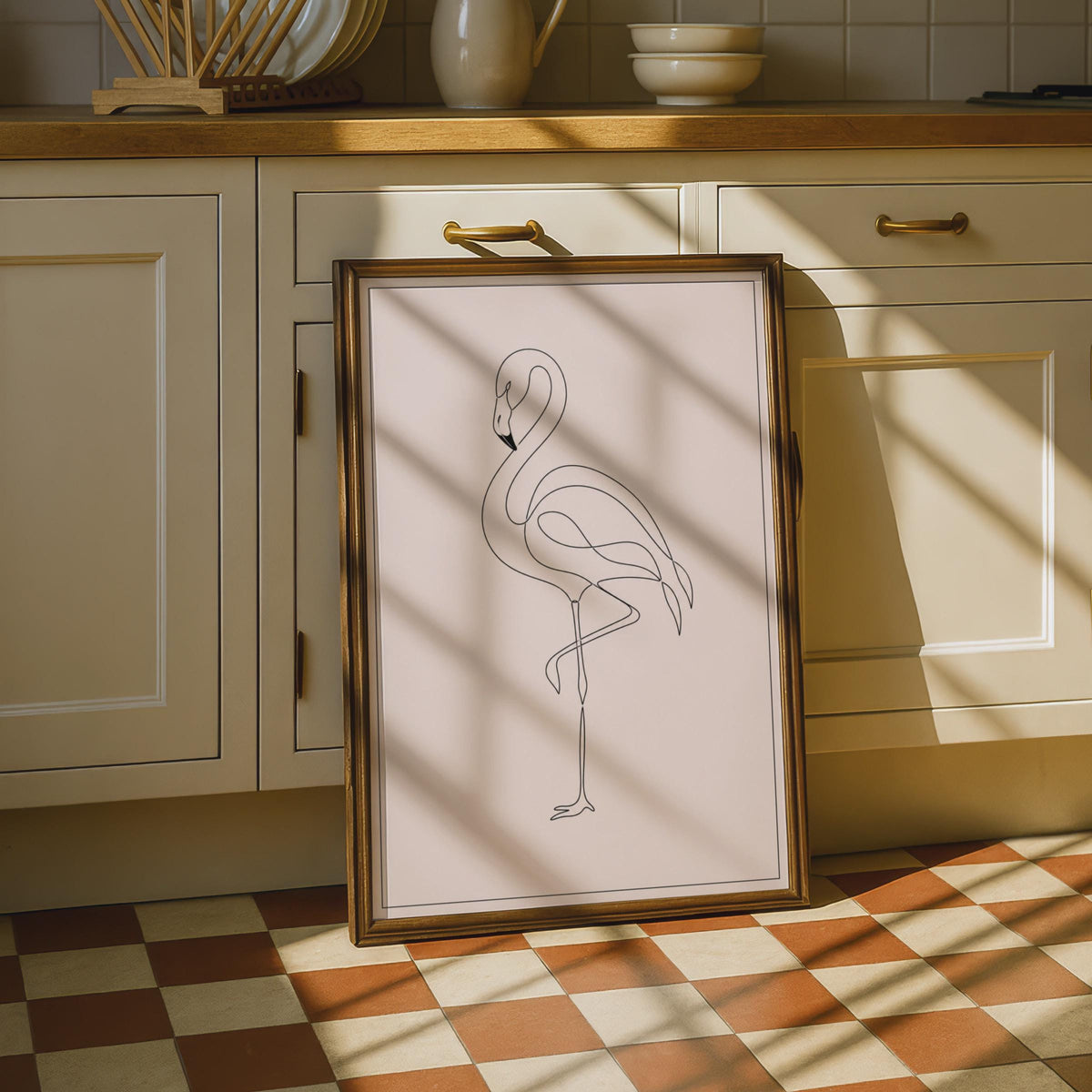 Minimalist Flamingo Line Art Poster, Blush Pink Wall Decor (Print)