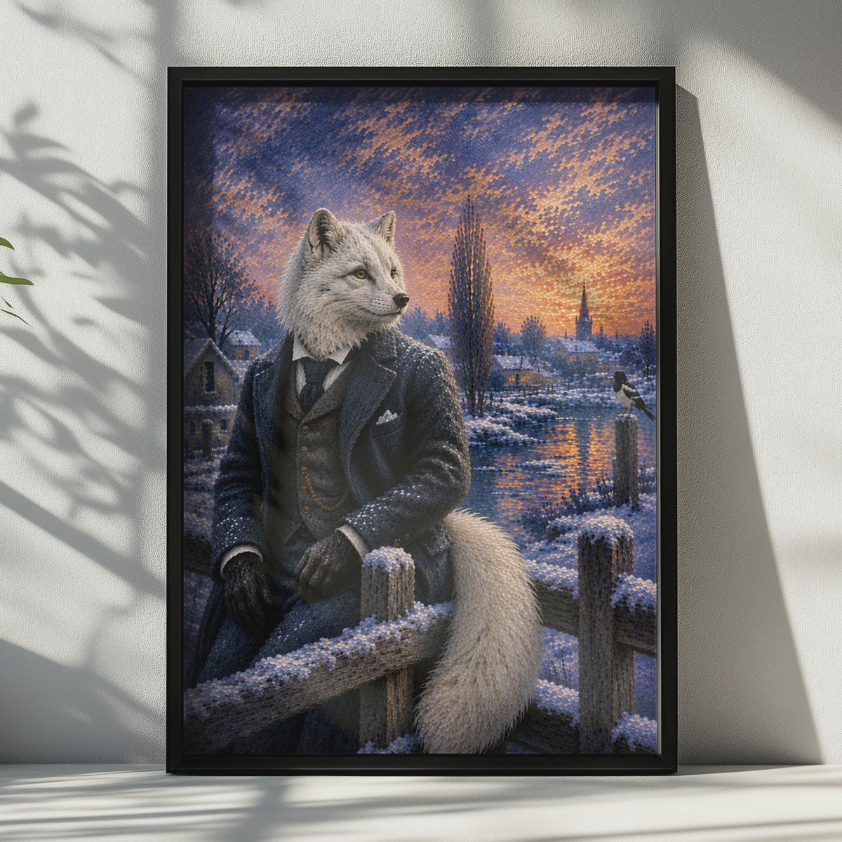 Arctic Fox Gentleman Winter Village Poster, Dapper Animal Wall Art, Blue Gold
