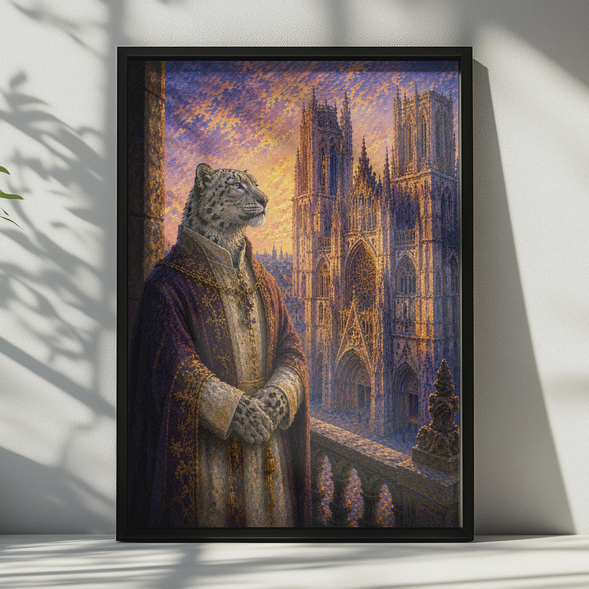 Snow Leopard Bishop Poster, Gothic Cathedral Fantasy Animal Art, Purple Gold Wall Decor