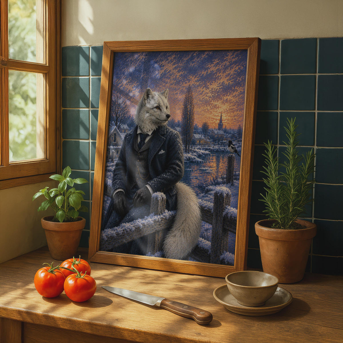 Arctic Fox Gentleman Winter Village Poster, Dapper Animal Wall Art, Blue Gold