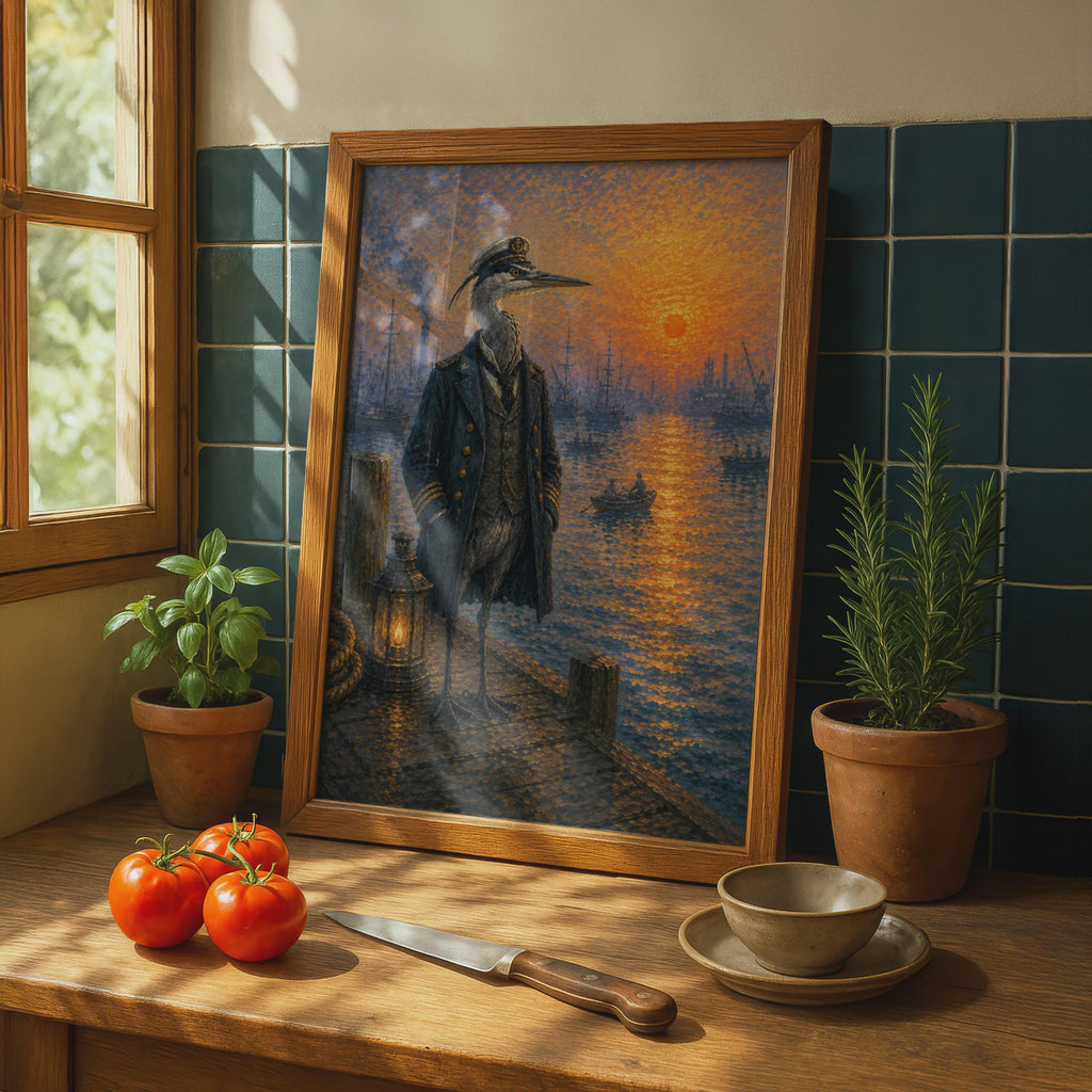 Heron Captain Nautical Poster, Pointillist Harbour Sunset Wall Art, Quirky Bird Print