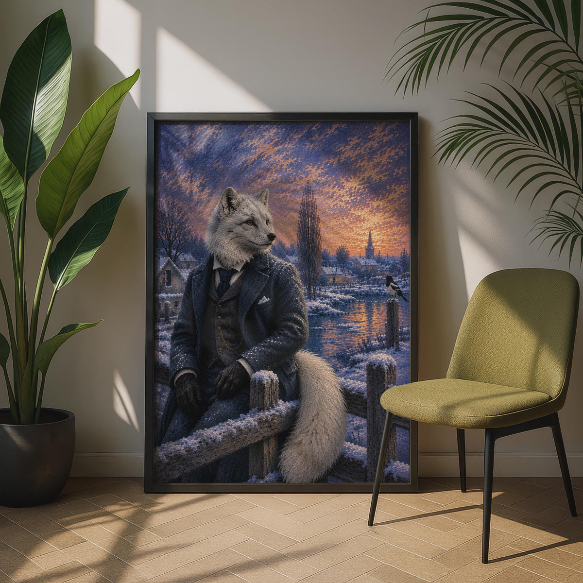 Arctic Fox Gentleman Winter Village Poster, Dapper Animal Wall Art, Blue Gold