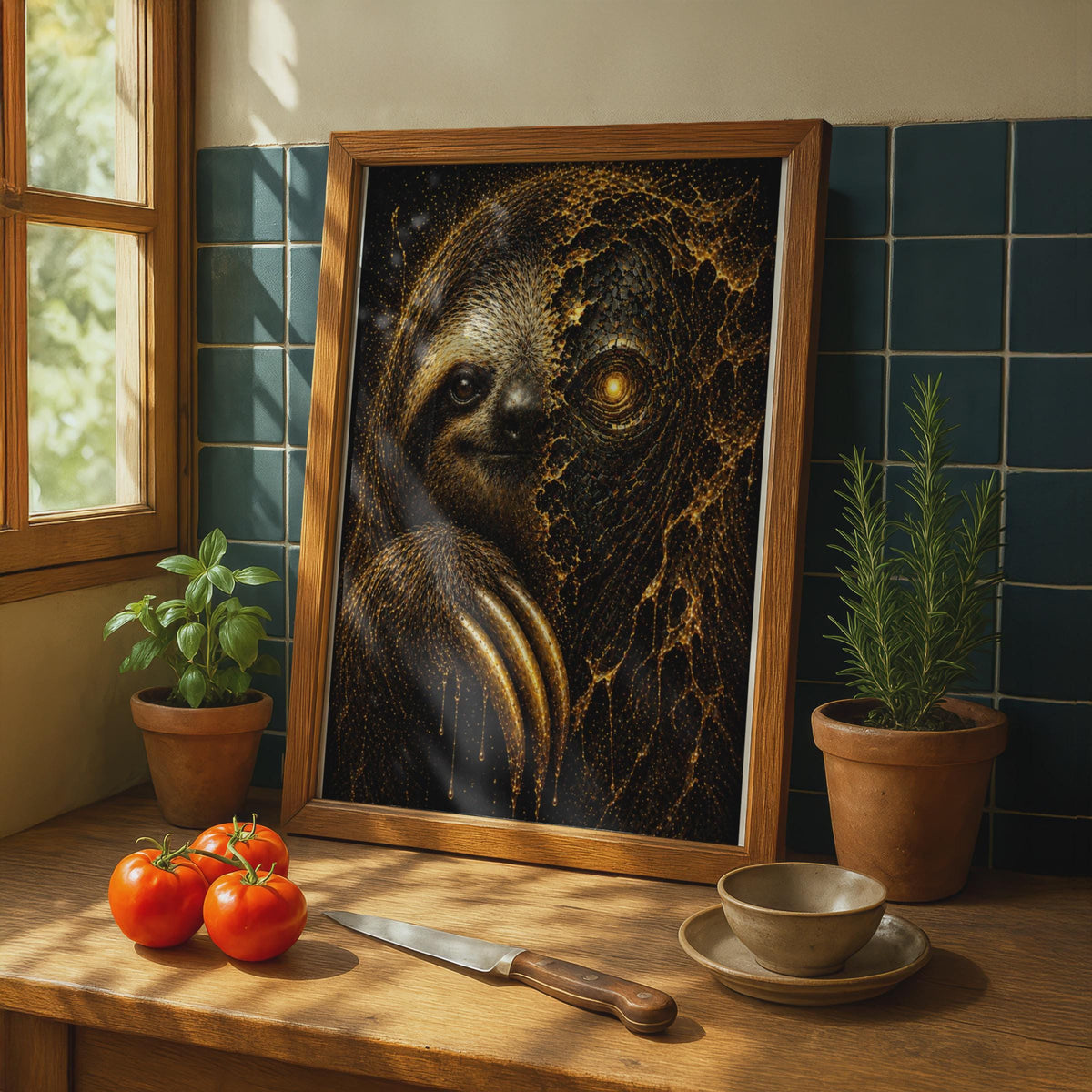 Sloth Cosmic Wildlife Print, Dark Gold Geometric Animal Wall Art