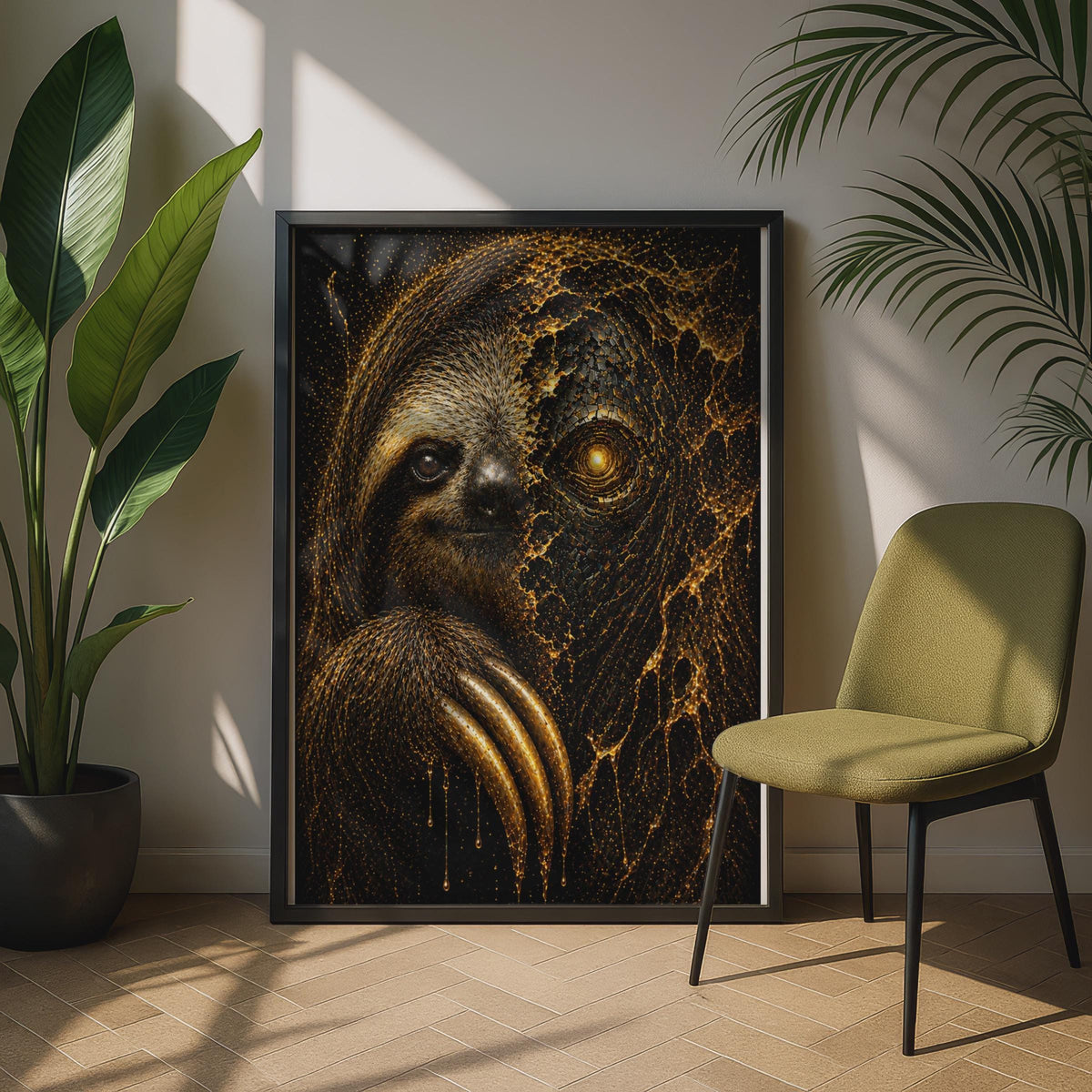 Sloth Cosmic Wildlife Print, Dark Gold Geometric Animal Wall Art