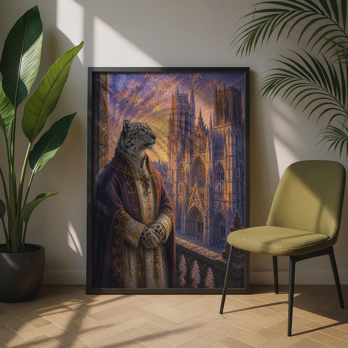 Snow Leopard Bishop Poster, Gothic Cathedral Fantasy Animal Art, Purple Gold Wall Decor
