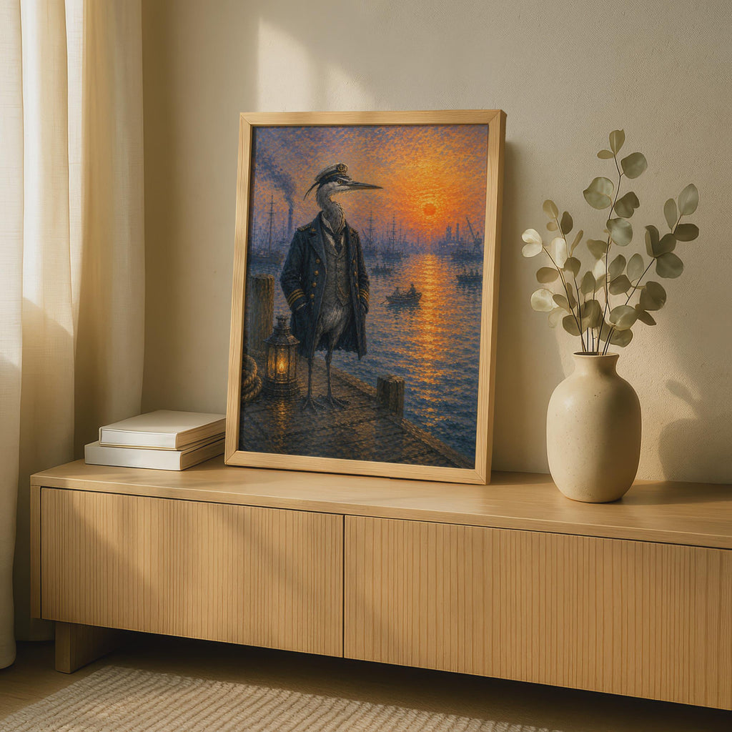 Heron Captain Nautical Poster, Pointillist Harbour Sunset Wall Art, Quirky Bird Print