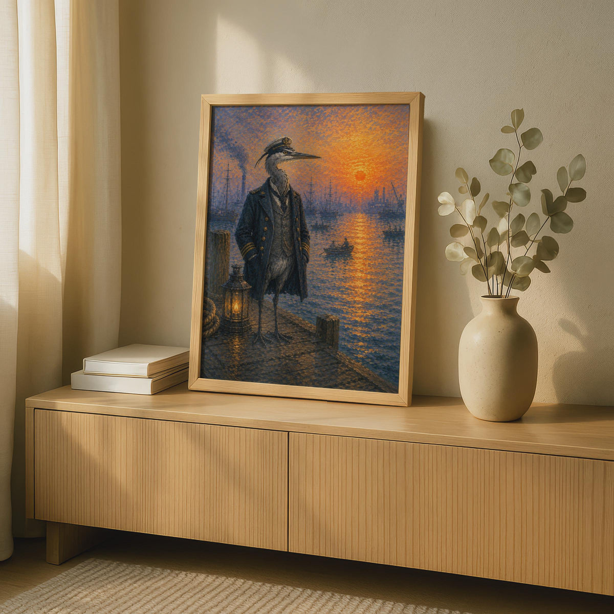 Heron Captain Nautical Poster, Pointillist Harbour Sunset Wall Art, Quirky Bird Print