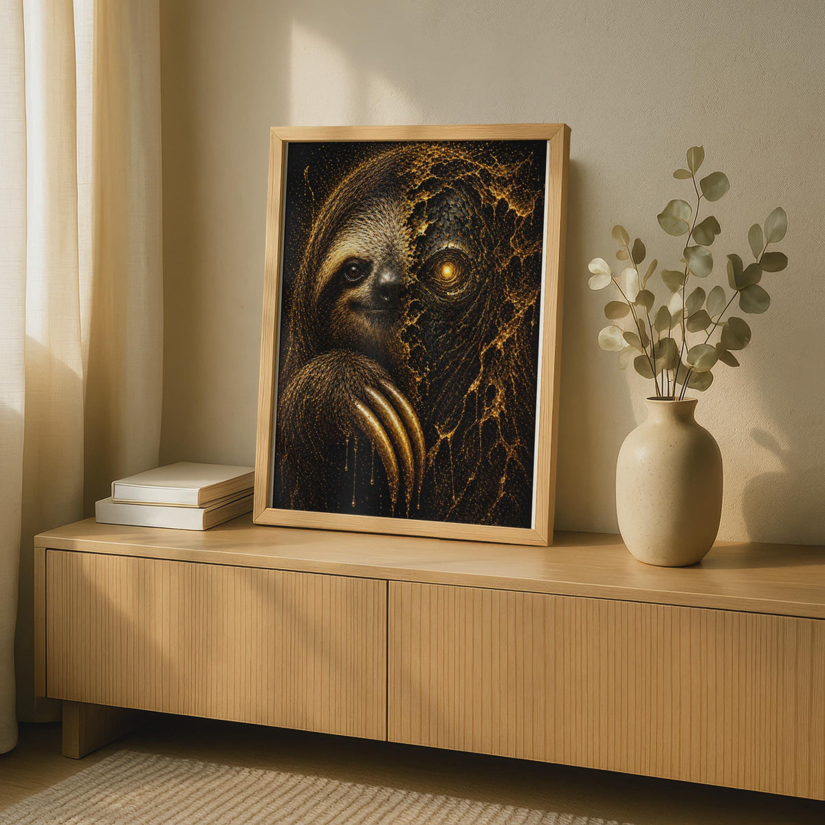 Sloth Cosmic Wildlife Print, Dark Gold Geometric Animal Wall Art