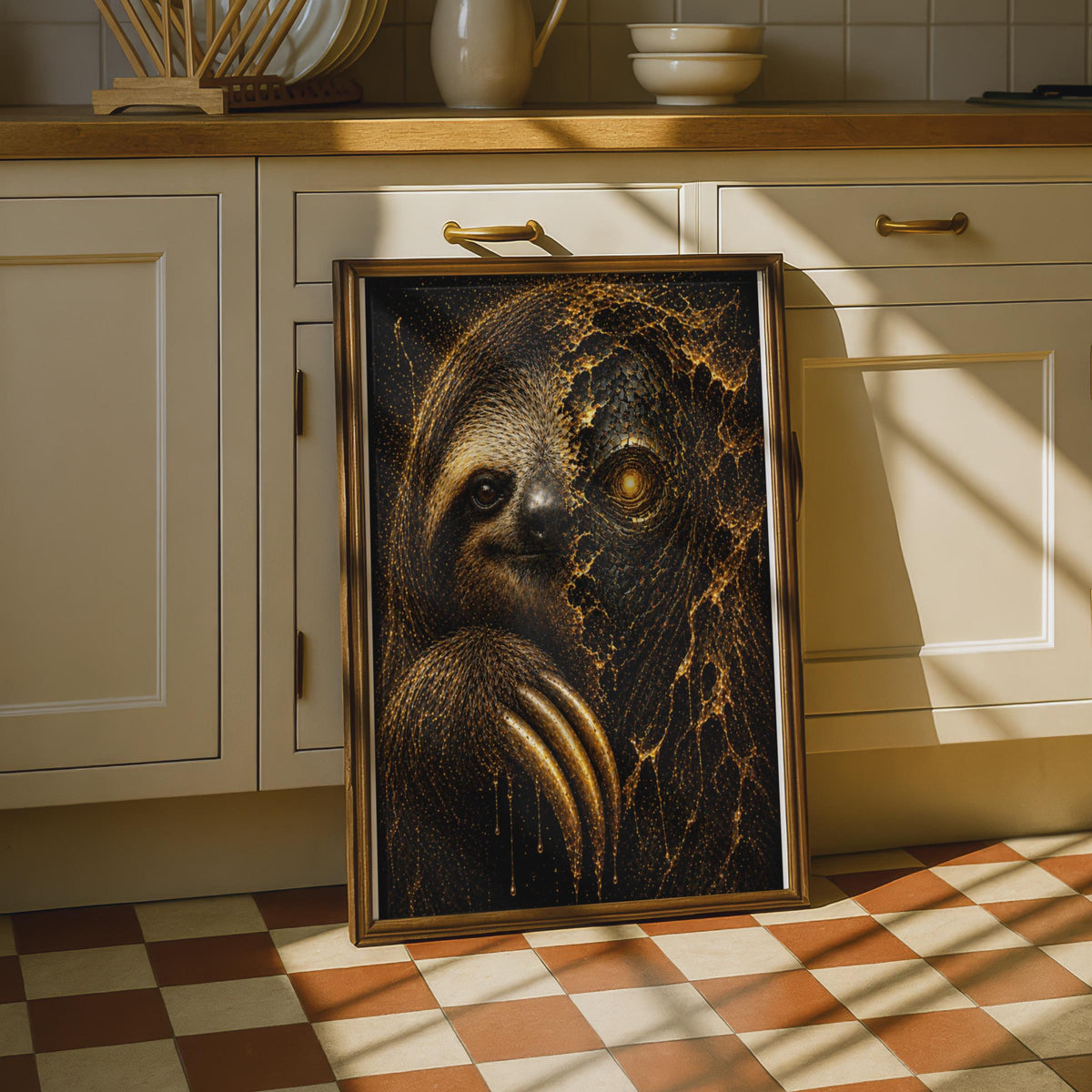 Sloth Cosmic Wildlife Print, Dark Gold Geometric Animal Wall Art