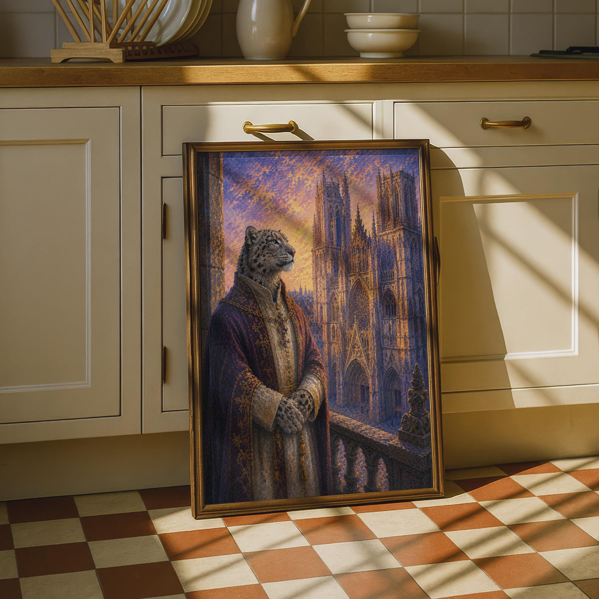 Snow Leopard Bishop Poster, Gothic Cathedral Fantasy Animal Art, Purple Gold Wall Decor