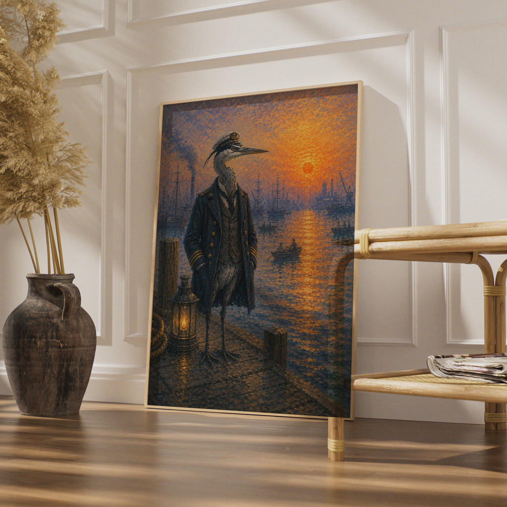 Heron Captain Nautical Poster, Pointillist Harbour Sunset Wall Art, Quirky Bird Print