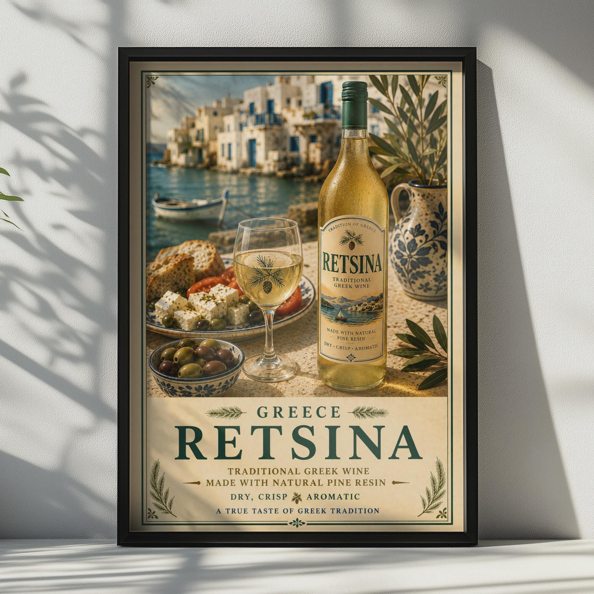 Retsina Greek Wine Poster, Traditional Greece Wall Art, Mediterranean Kitchen Decor