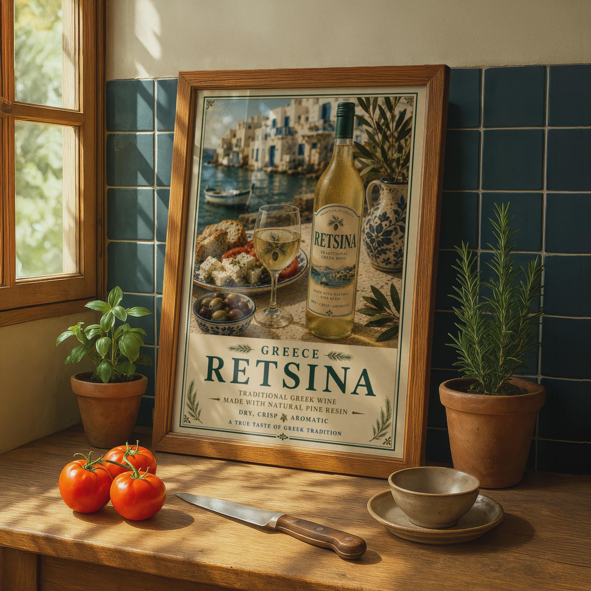 Retsina Greek Wine Poster, Traditional Greece Wall Art, Mediterranean Kitchen Decor