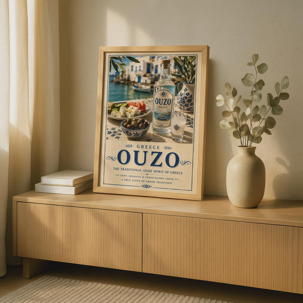 Greek Ouzo Poster, Greece Travel Wall Art, Mediterranean Kitchen Drinks Decor, Blue White