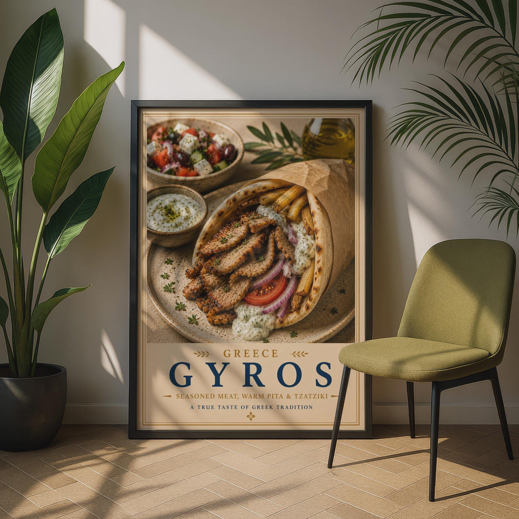 Greek Gyros Food Poster, Greece Kitchen Wall Art, Tzatziki Pita Print, Mediterranean Cuisine Decor