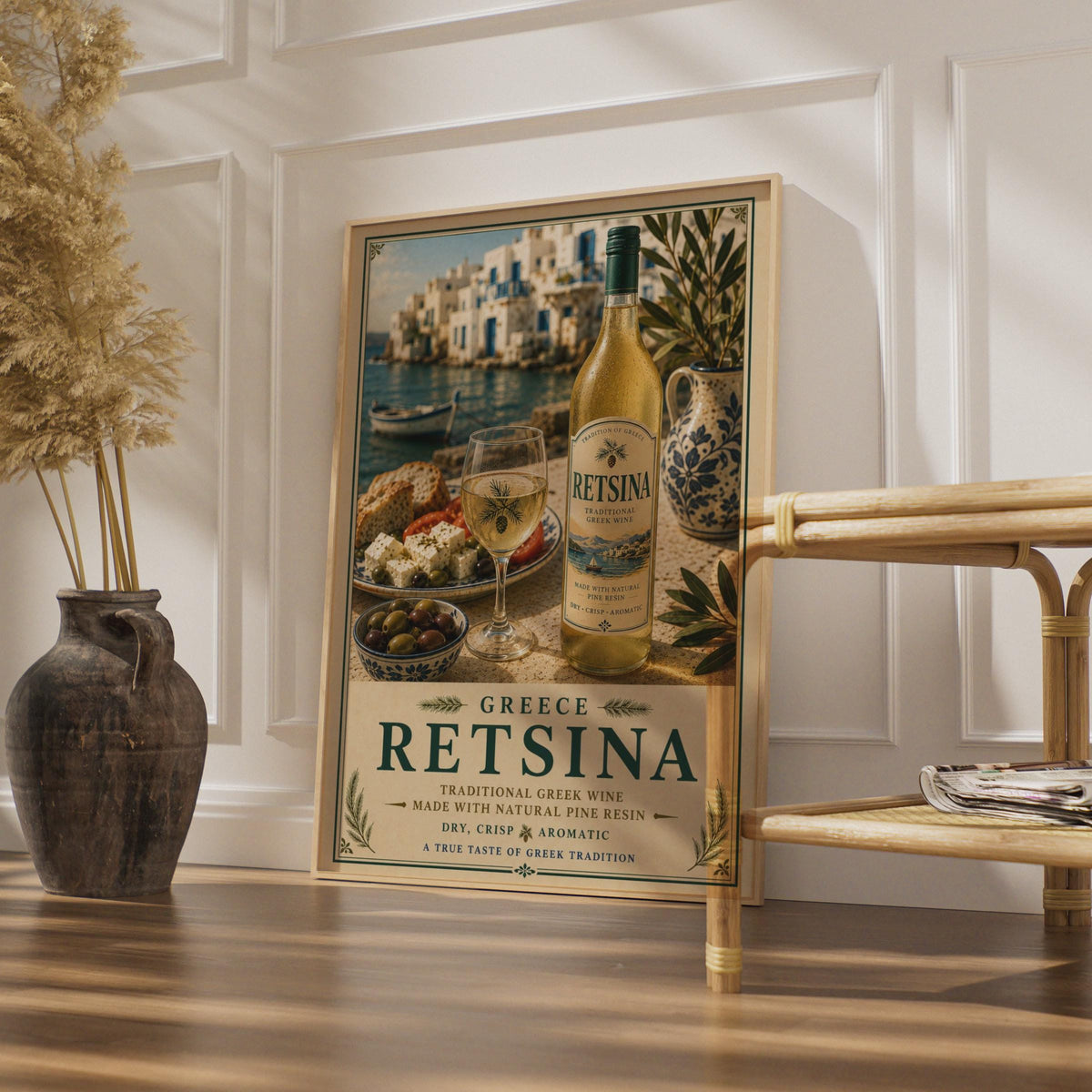 Retsina Greek Wine Poster, Traditional Greece Wall Art, Mediterranean Kitchen Decor