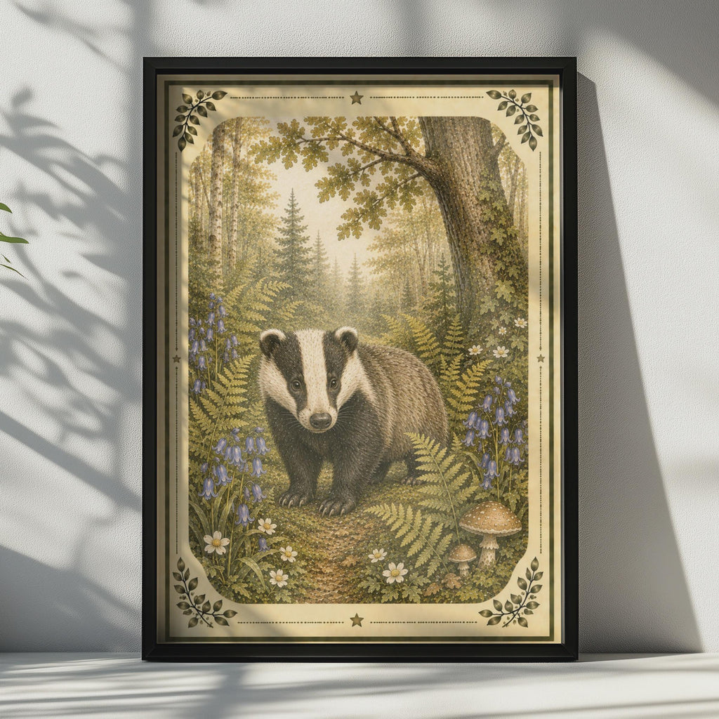 Badger Woodland Poster, Vintage Forest Wildlife Wall Art, Bluebell Fern Nature Print