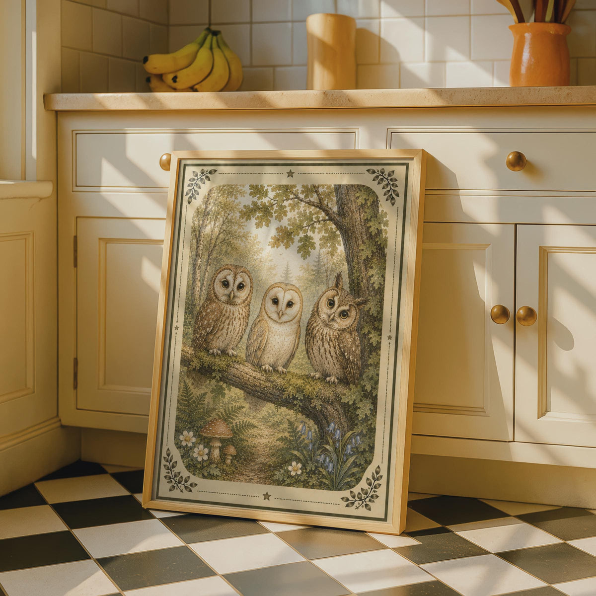 Woodland Owls Poster, Vintage Botanical Forest Bird Wall Art, Cottagecore Nature Print