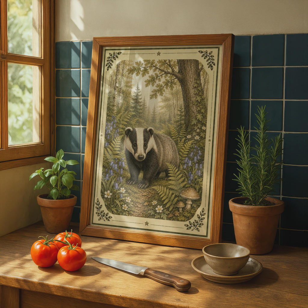 Badger Woodland Poster, Vintage Forest Wildlife Wall Art, Bluebell Fern Nature Print