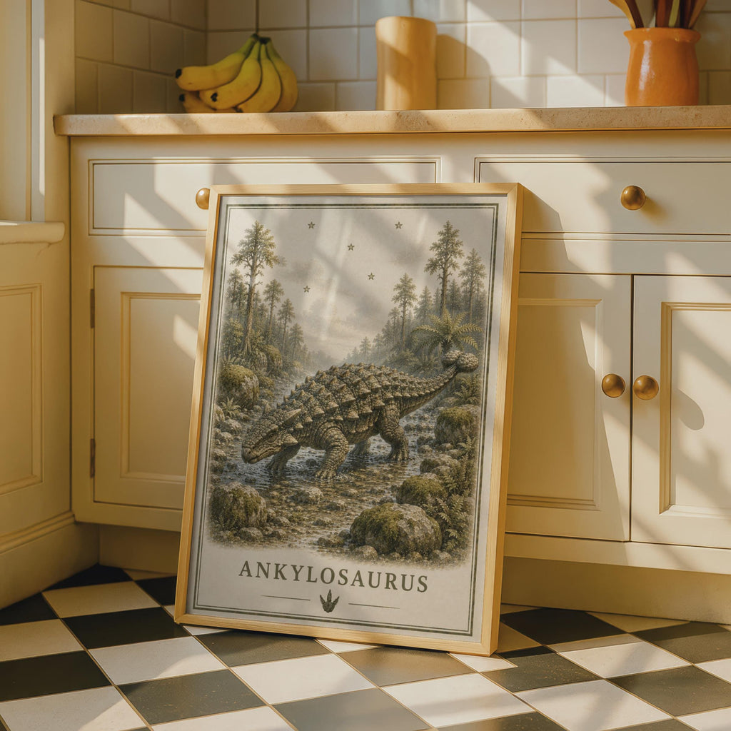 Ankylosaurus Dinosaur Poster, Vintage Botanical Style, Prehistoric Wall Art for Kids Room
