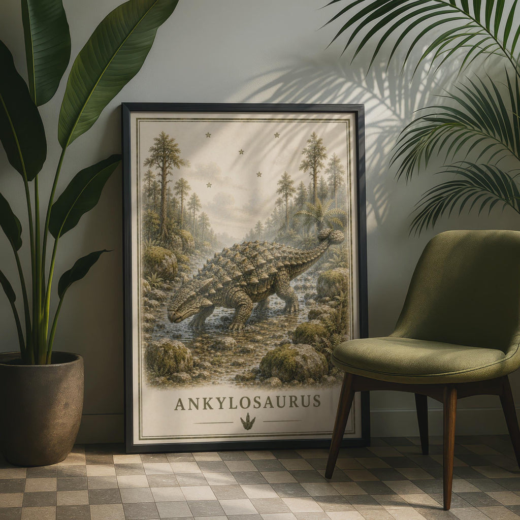 Ankylosaurus Dinosaur Poster, Vintage Botanical Style, Prehistoric Wall Art for Kids Room