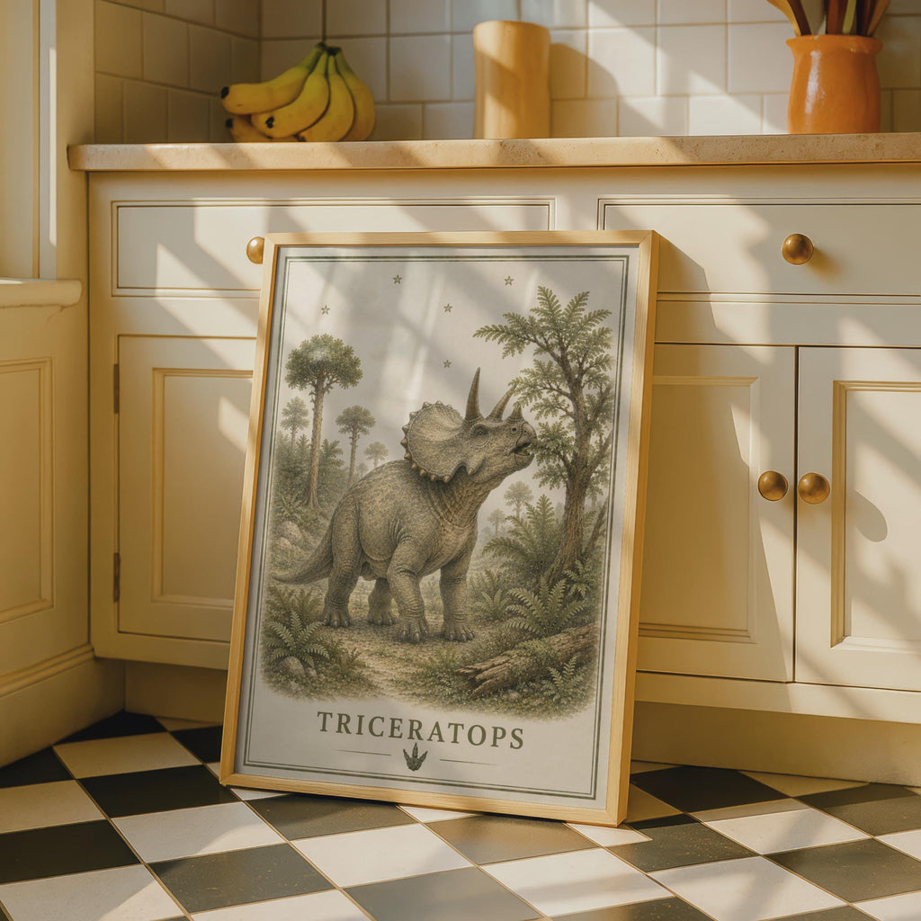 Triceratops Dinosaur Poster, Vintage Botanical Style, Children's Room Wall Art Print