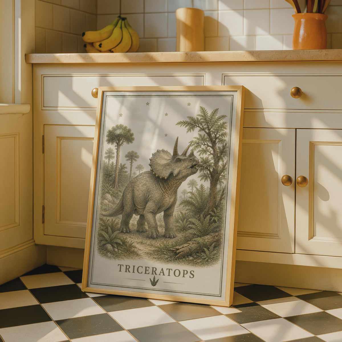Triceratops Dinosaur Poster, Vintage Botanical Style, Children's Room Wall Art Print