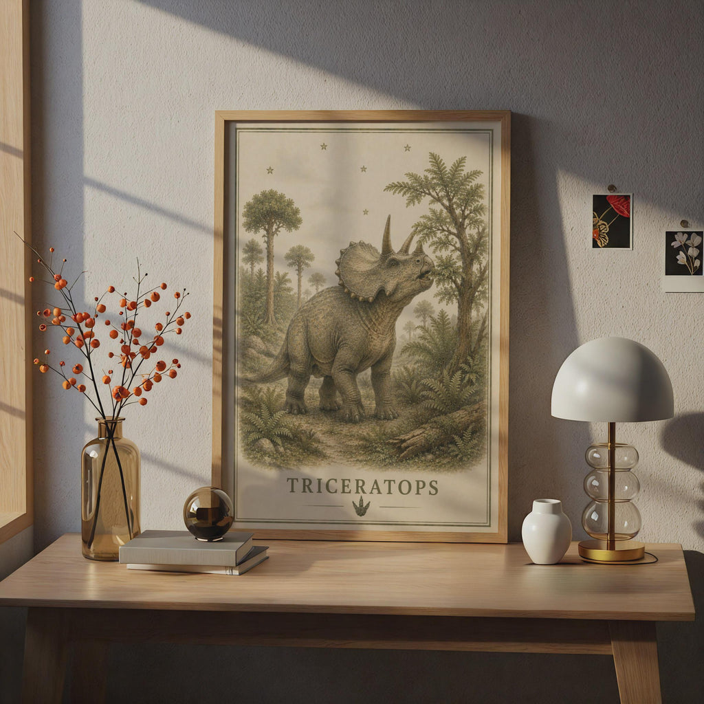 Triceratops Dinosaur Poster, Vintage Botanical Style, Children's Room Wall Art Print