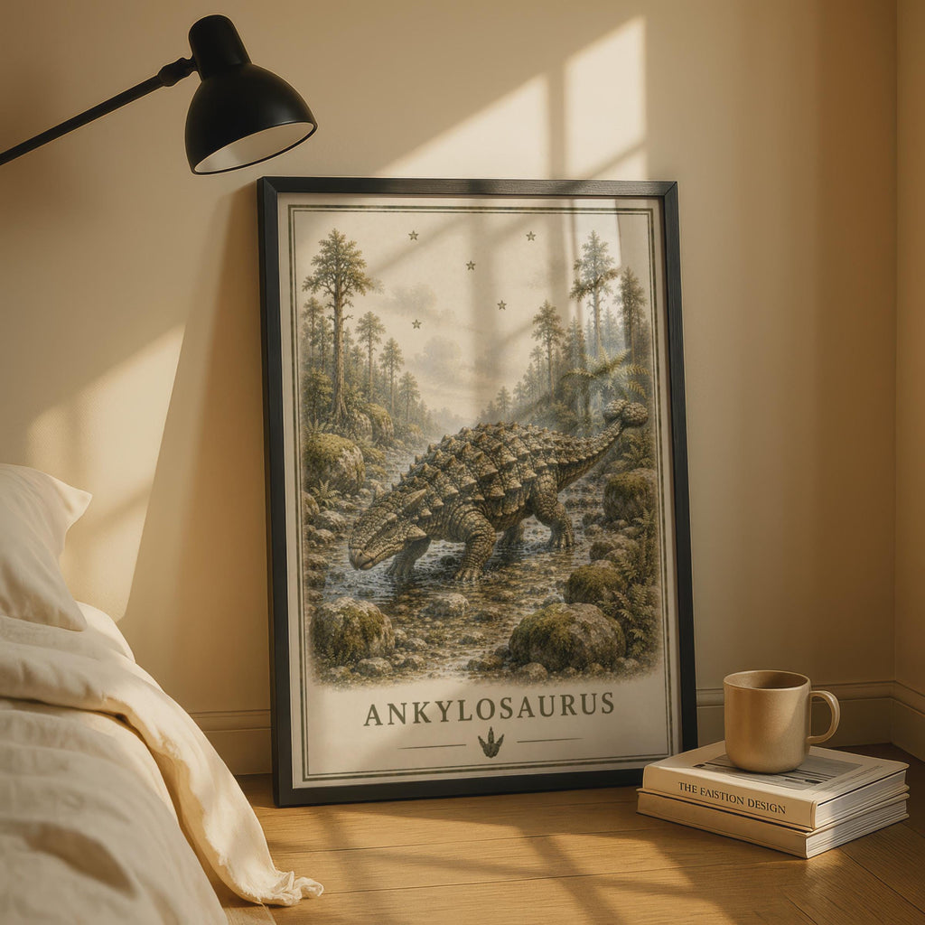 Ankylosaurus Dinosaur Poster, Vintage Botanical Style, Prehistoric Wall Art for Kids Room
