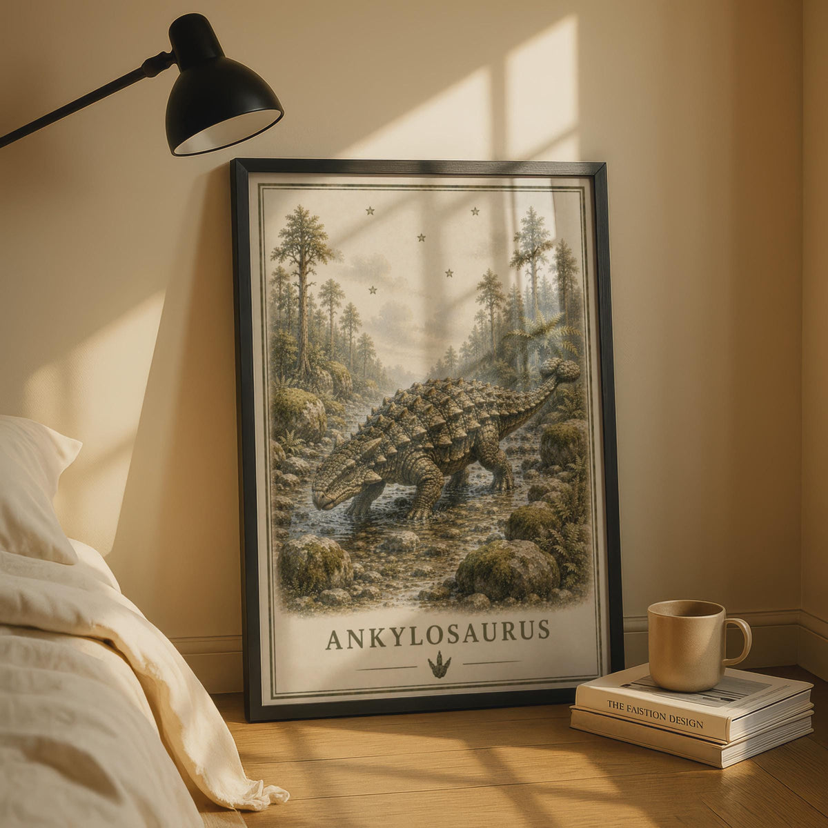 Ankylosaurus Dinosaur Poster, Vintage Botanical Style, Prehistoric Wall Art for Kids Room