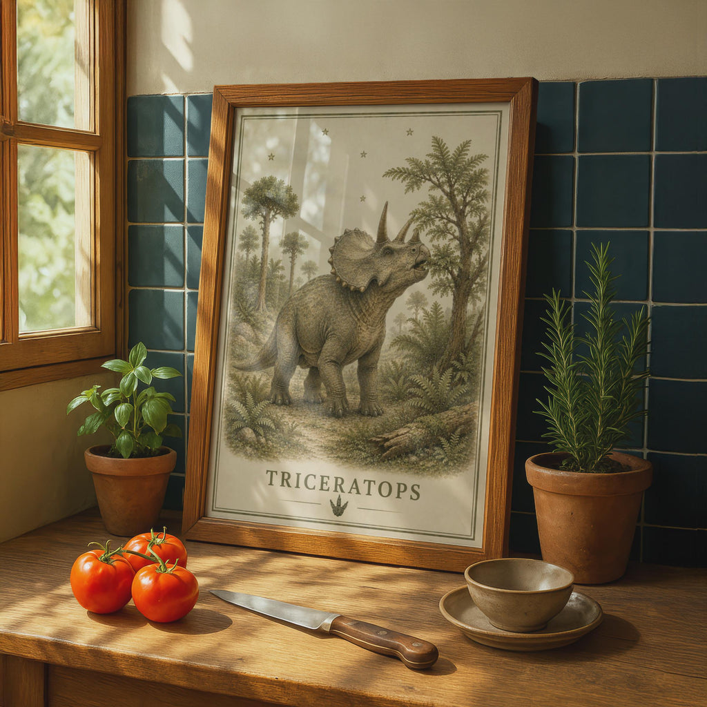 Triceratops Dinosaur Poster, Vintage Botanical Style, Children's Room Wall Art Print
