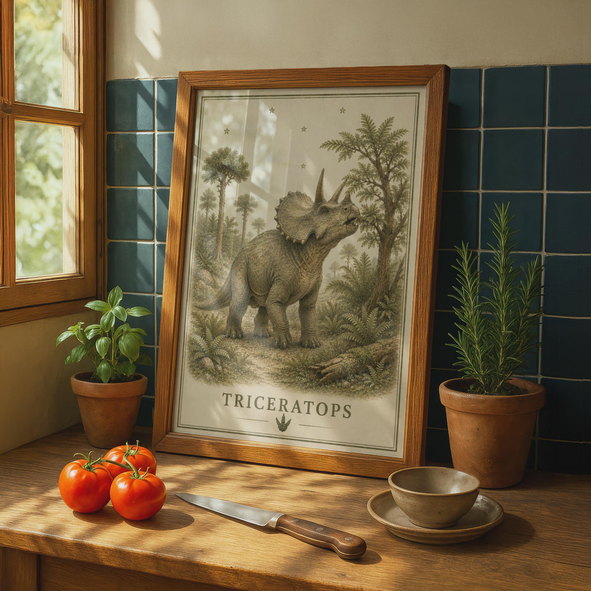 Triceratops Dinosaur Poster, Vintage Botanical Style, Children's Room Wall Art Print