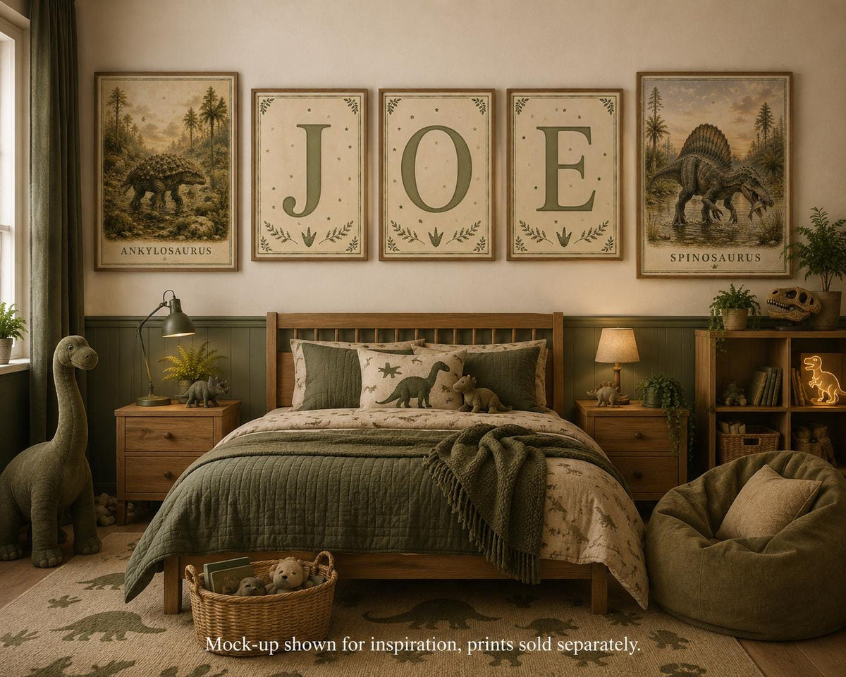 Triceratops Dinosaur Poster, Vintage Botanical Style, Children's Room Wall Art Print