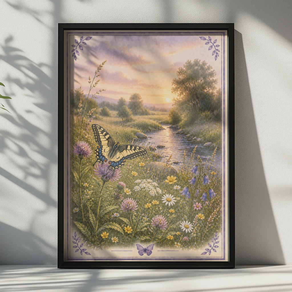 Swallowtail Butterfly Wildflower Meadow Poster, Vintage Nature Wall Art, Cottage