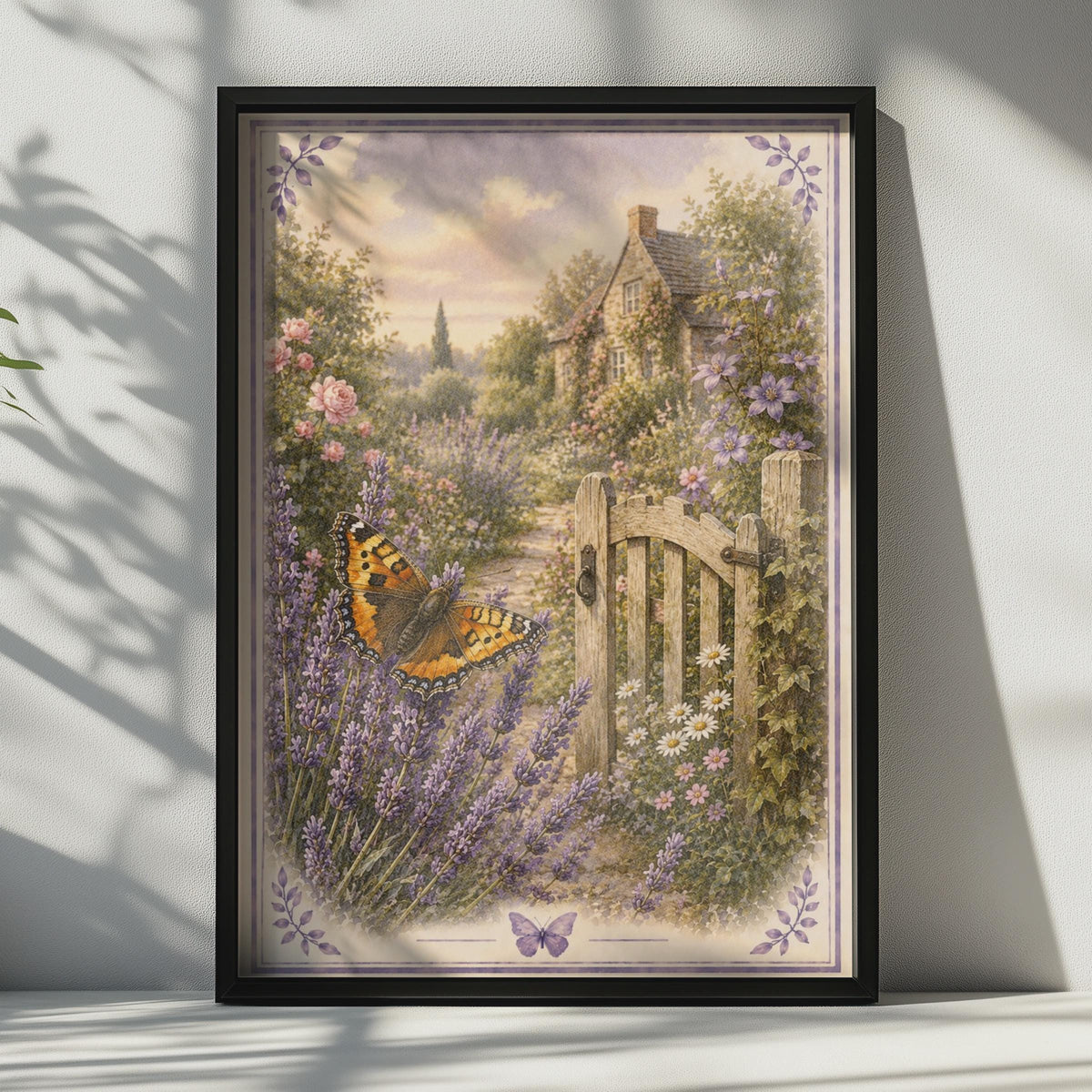 Cottage Garden Butterfly Poster, Lavender Floral Wall Art, Vintage Rustic Print