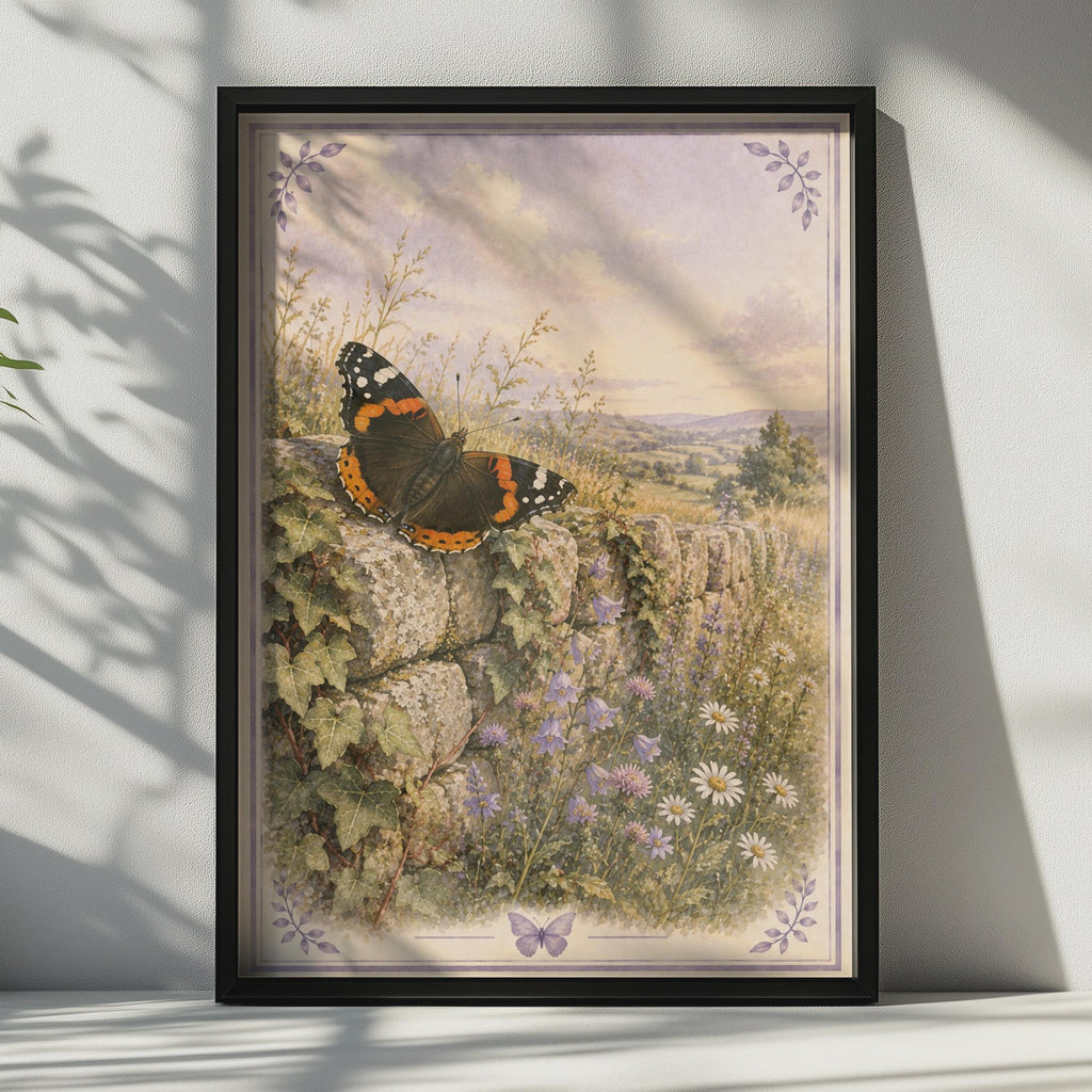 Red Admiral Butterfly Poster, Vintage Wildflower Countryside Wall Art, Nature Print
