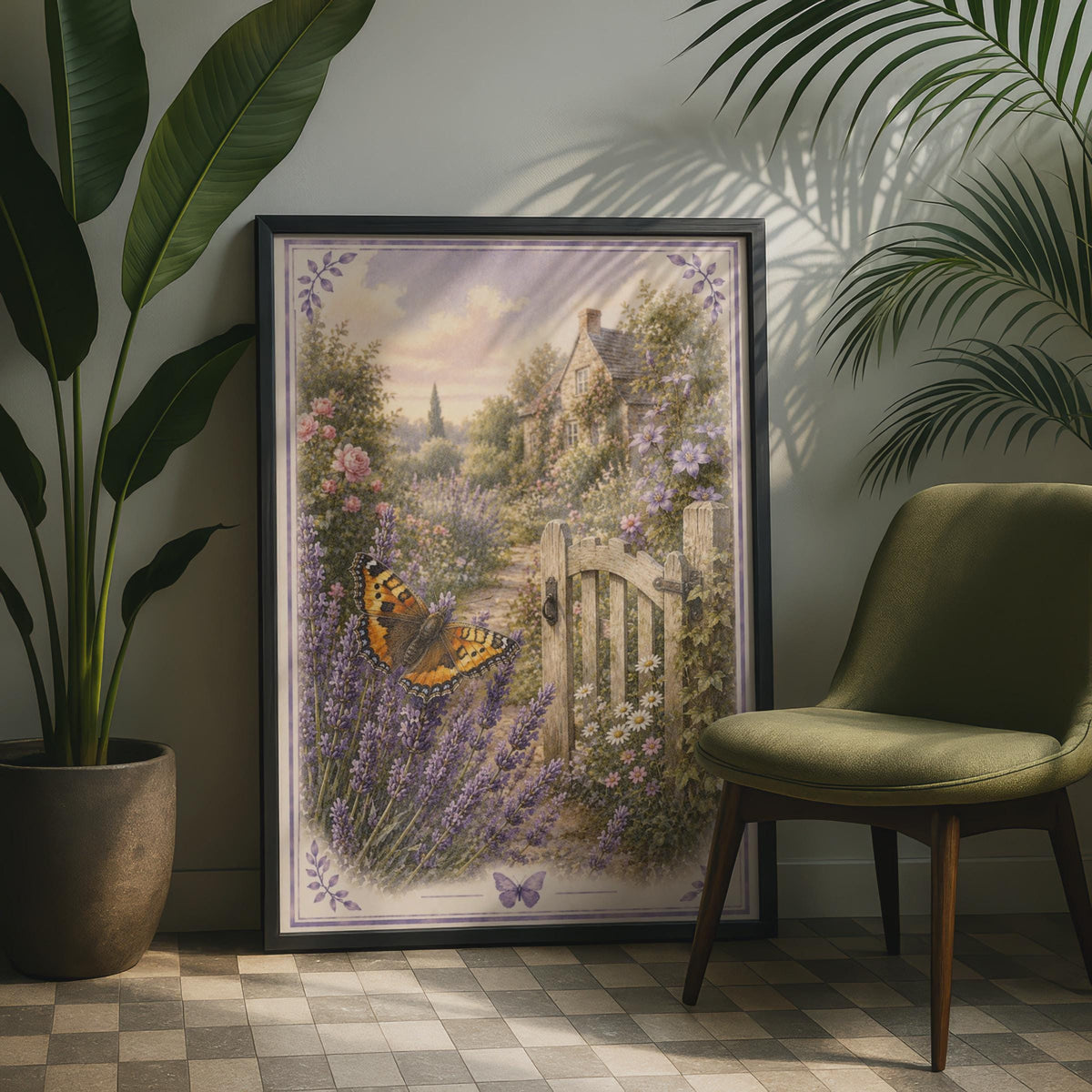 Cottage Garden Butterfly Poster, Lavender Floral Wall Art, Vintage Rustic Print
