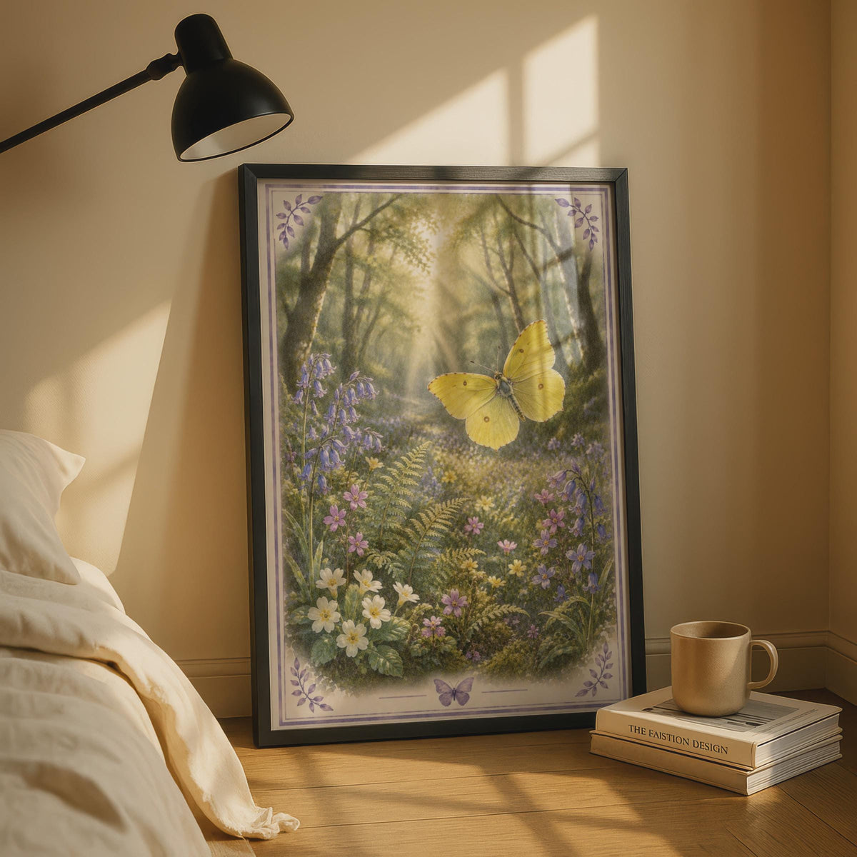 Bluebell Wood Butterfly Poster, Botanical Forest Wall Art, Floral Nature Print, Spring Wildflowers