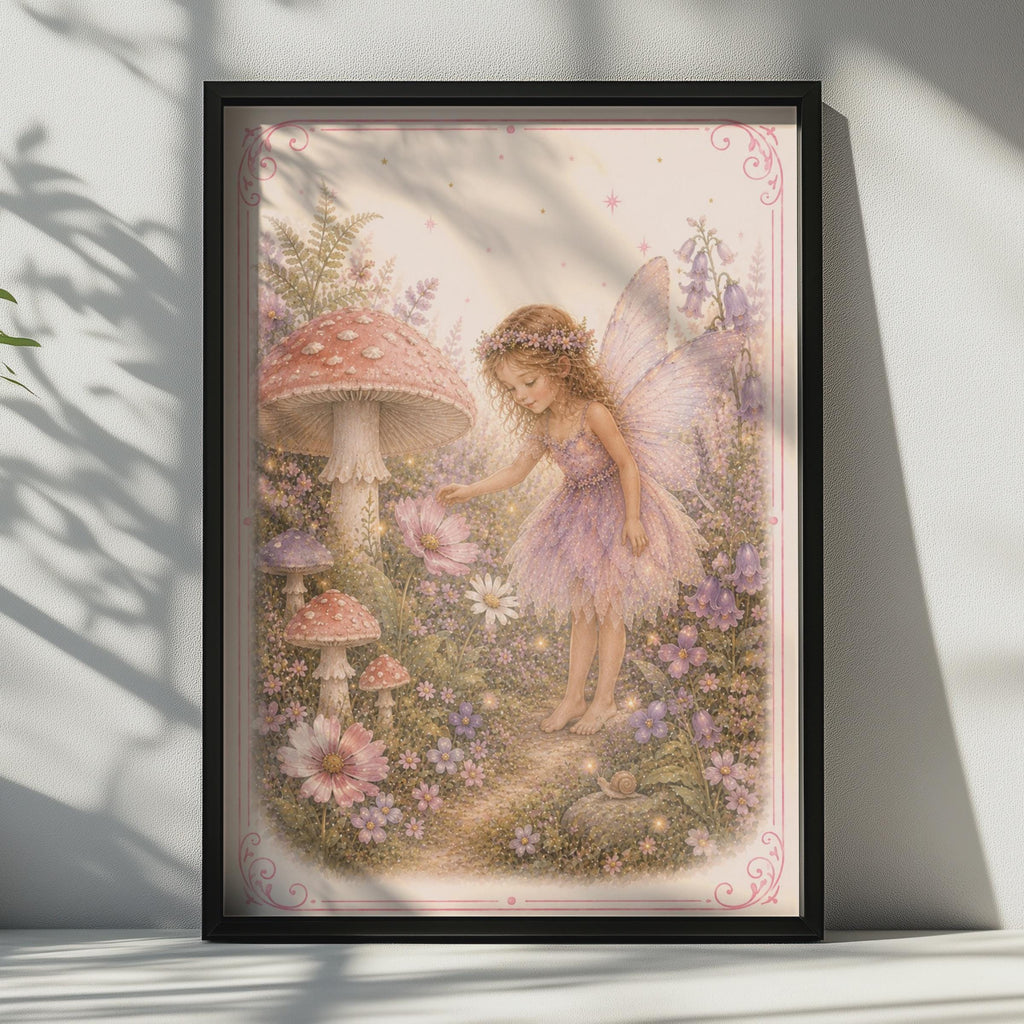 Fairy Garden Poster, Mushroom Floral Wall Art, Whimsical Pink Girls Room Print