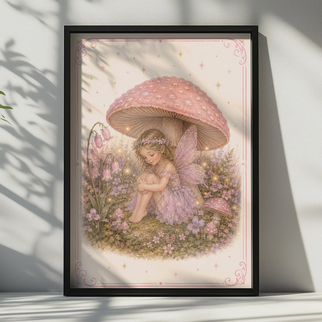 Fairy Girl Mushroom Poster, Magical Woodland Fairy Print, Pink Purple Nursery Wall Art
