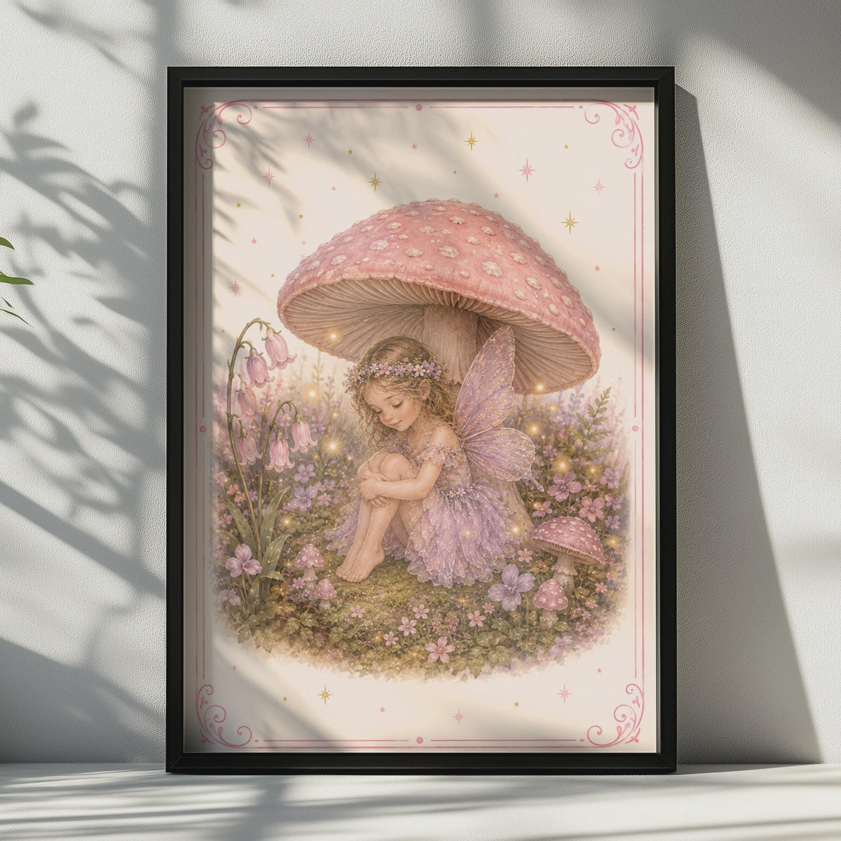 Fairy Girl Mushroom Poster, Magical Woodland Fairy Print, Pink Purple Nursery Wall Art