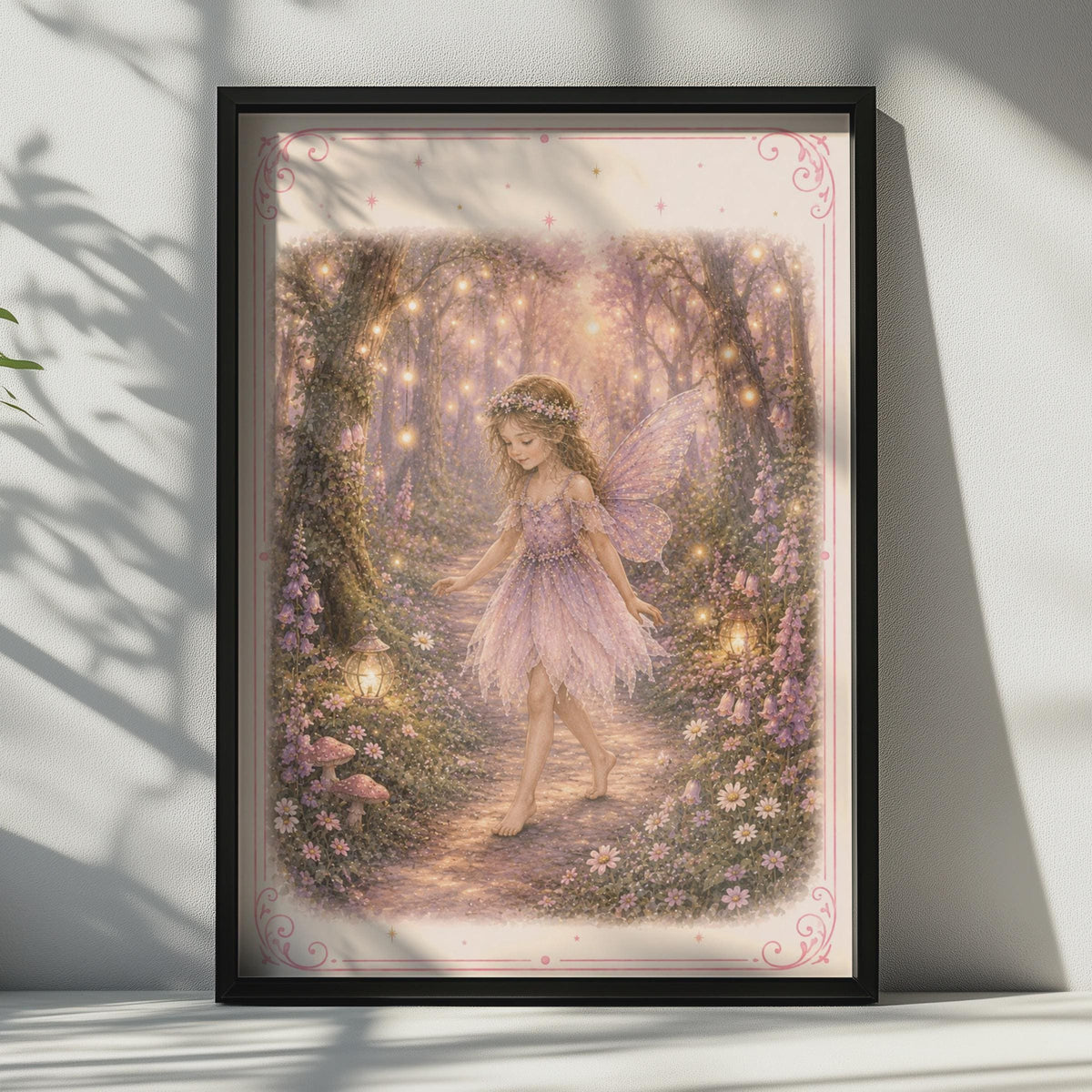Fairy Girl Enchanted Forest Poster, Magical Woodland Wall Art, Pink Purple Girls Room Print