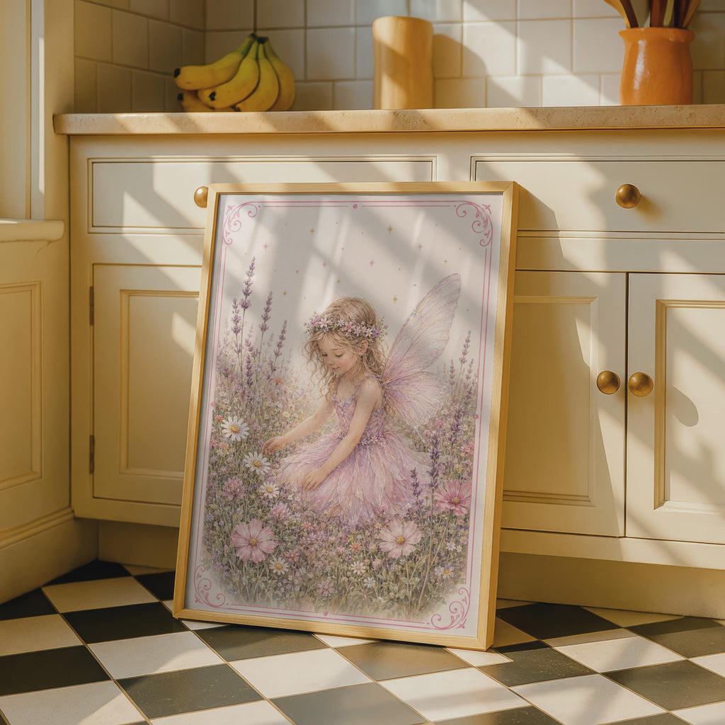 Fairy Girl Flower Meadow Poster, Lavender Floral Fantasy Children's Wall Art, Pink Nursery Print